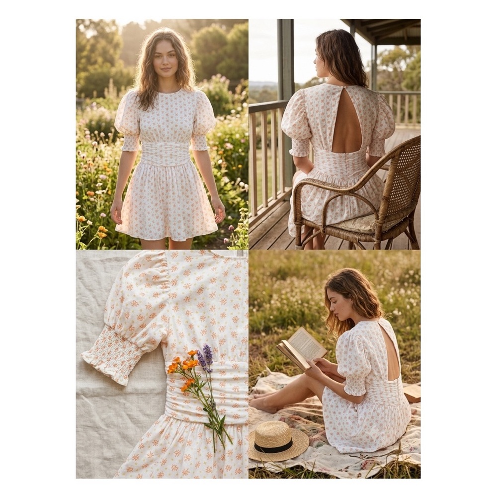 Open-Back Puff Sleeve Mini Dress - Cream with Peach Floral